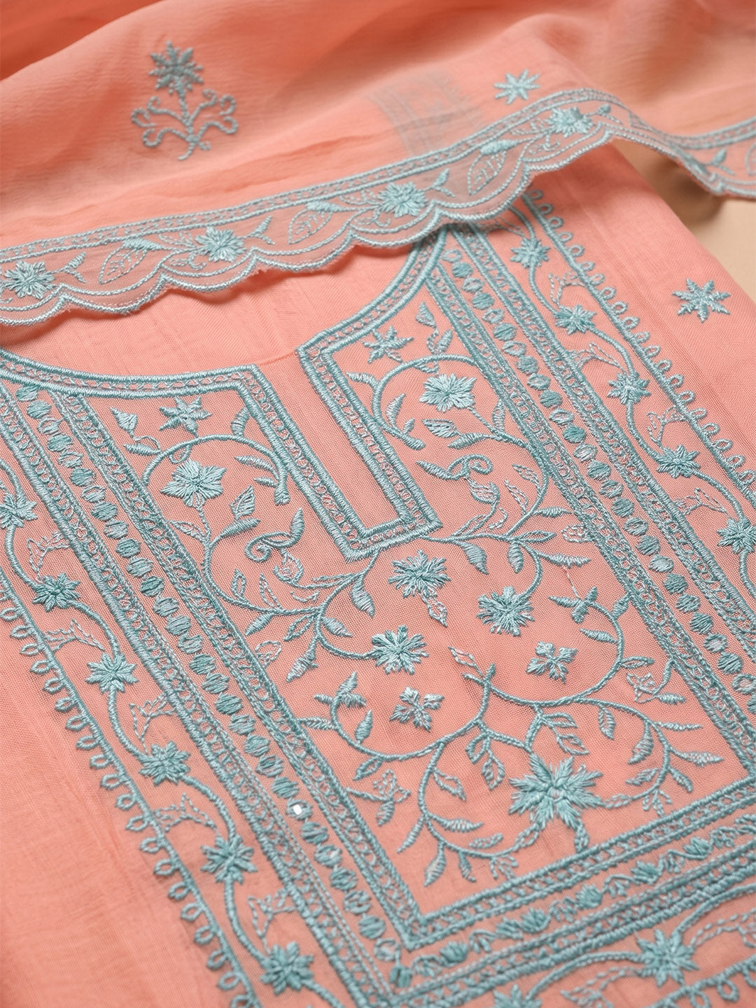 Peach Chanderi Embroidered Unstitched Dress Material