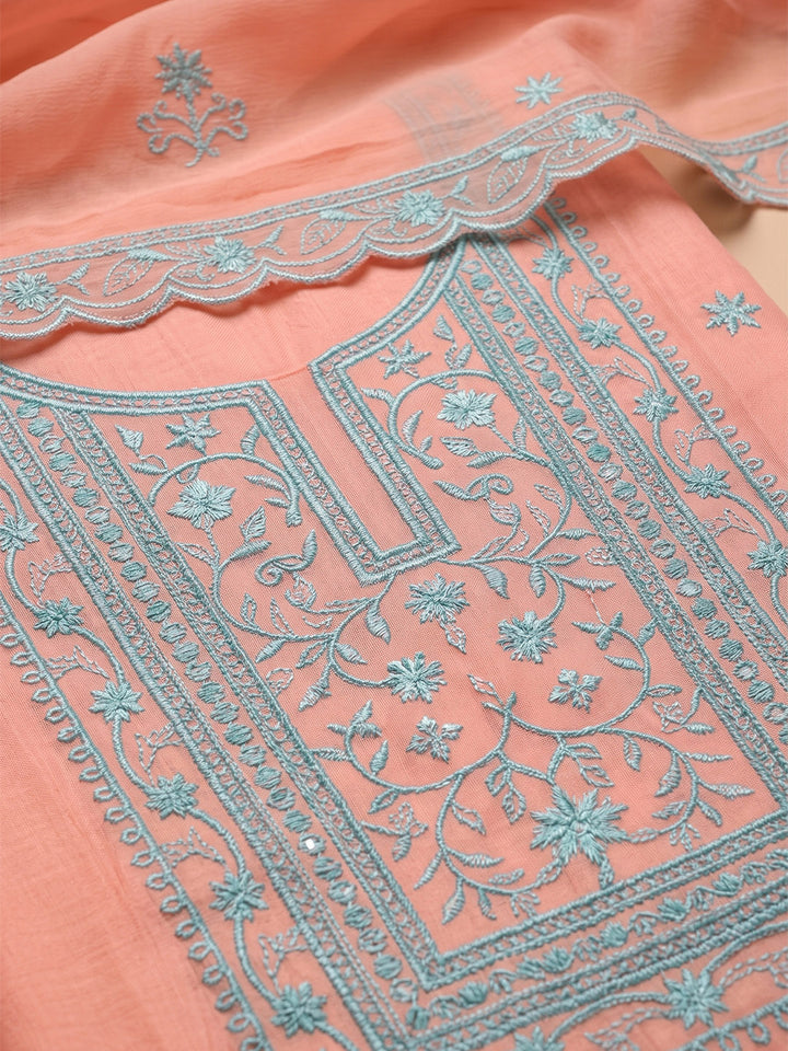 Peach Chanderi Embroidered Unstitched Dress Material