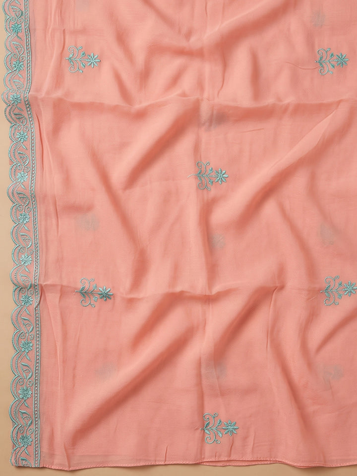Peach Chanderi Embroidered Unstitched Dress Material