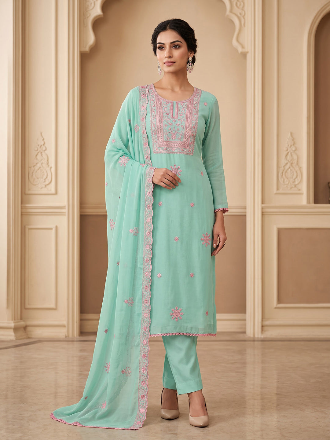 Rama-Green Chanderi Embroidered Unstitched Dress Material