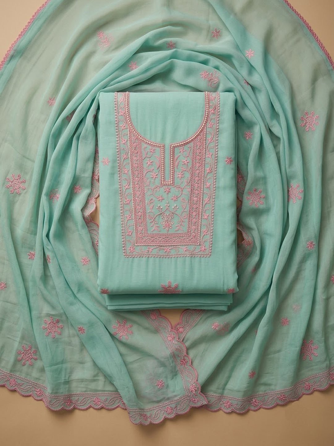Rama-Green Chanderi Embroidered Unstitched Dress Material