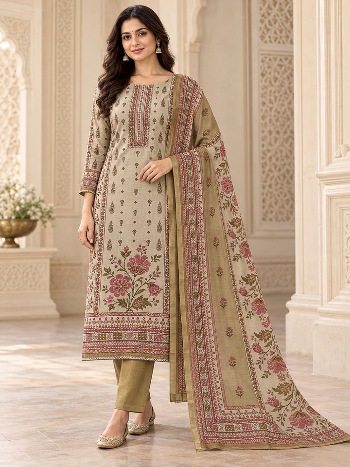 Beige Chanderi Printed Unstitched Dress Material