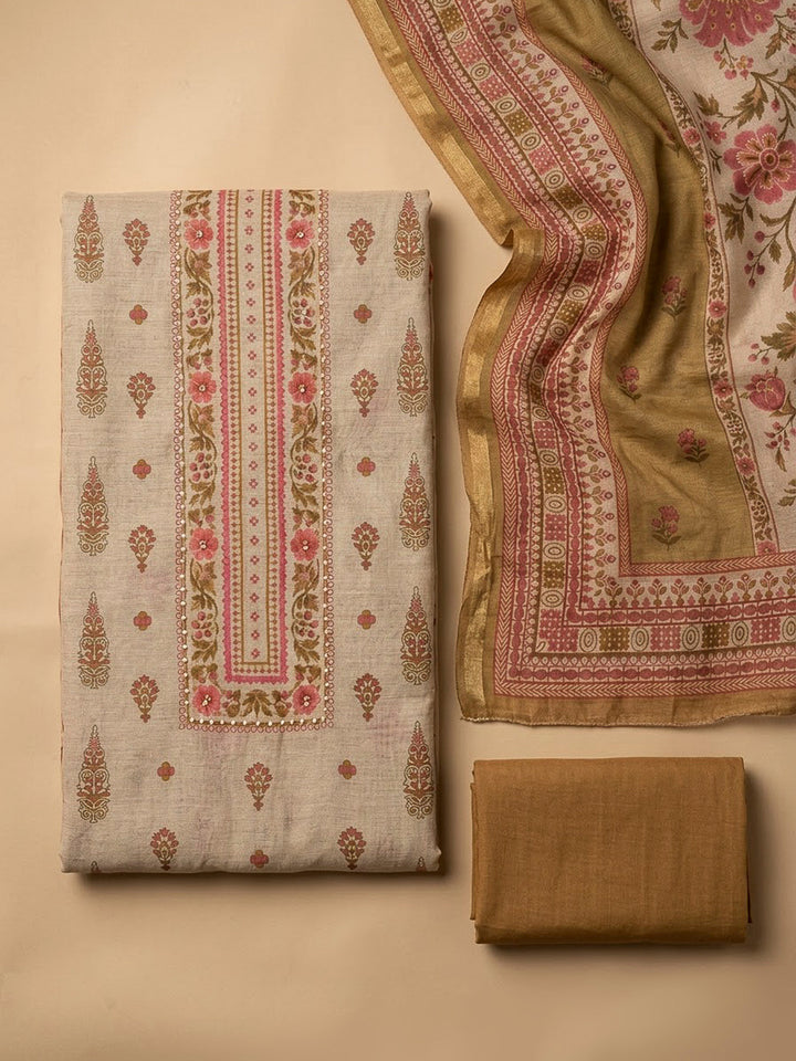 Beige Chanderi Printed Unstitched Dress Material