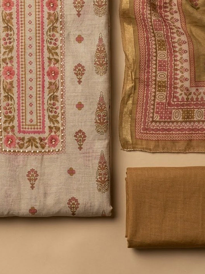 Beige Chanderi Printed Unstitched Dress Material