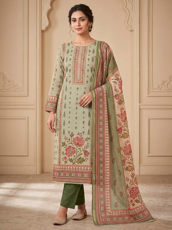 Mehndi Chanderi Printed Unstitched Dress Material