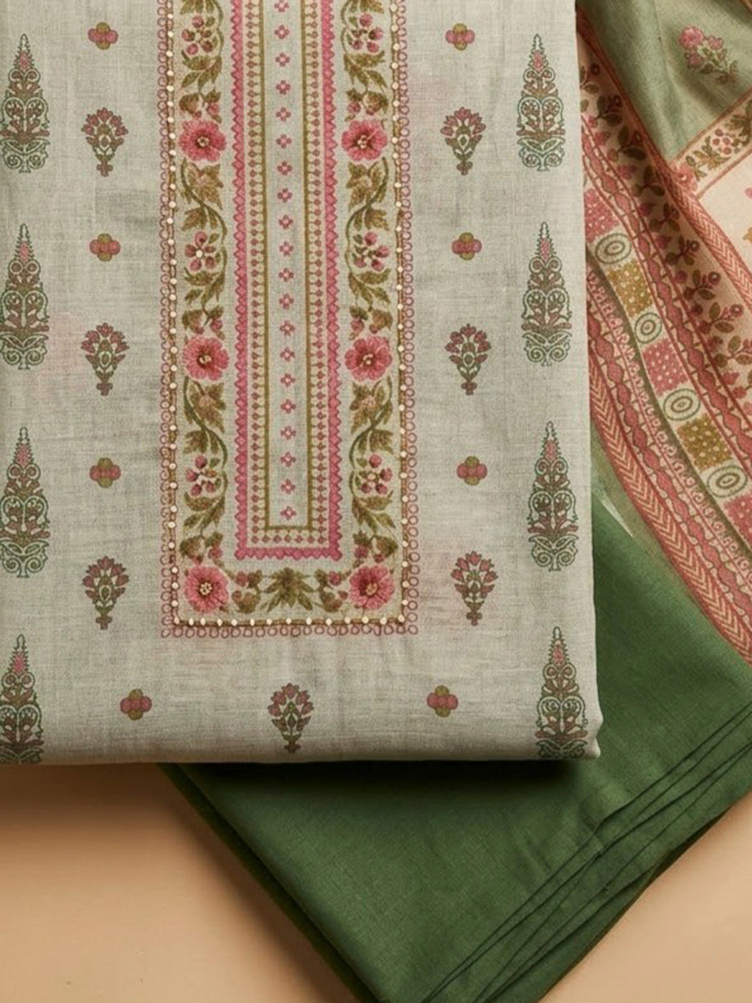 Mehndi Chanderi Printed Unstitched Dress Material