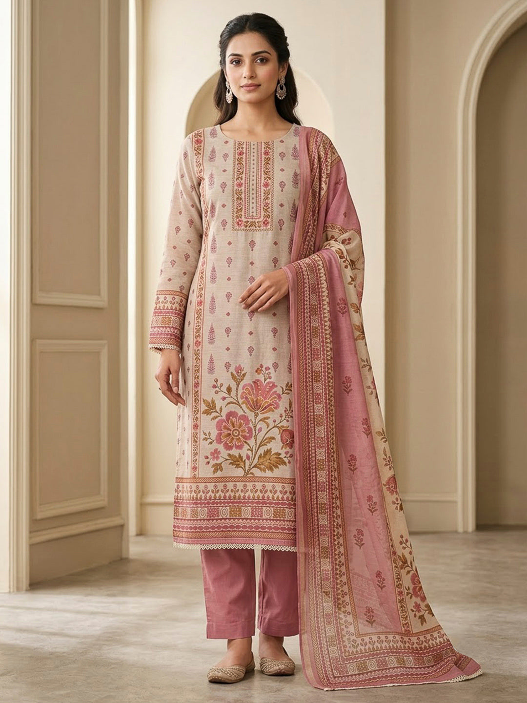 Onion Pink Chanderi Printed Unstitched Dress Material