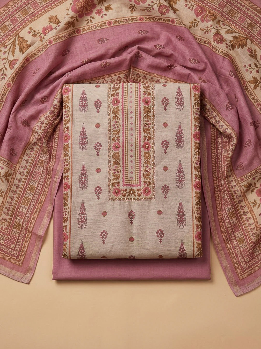 Onion Pink Chanderi Printed Unstitched Dress Material