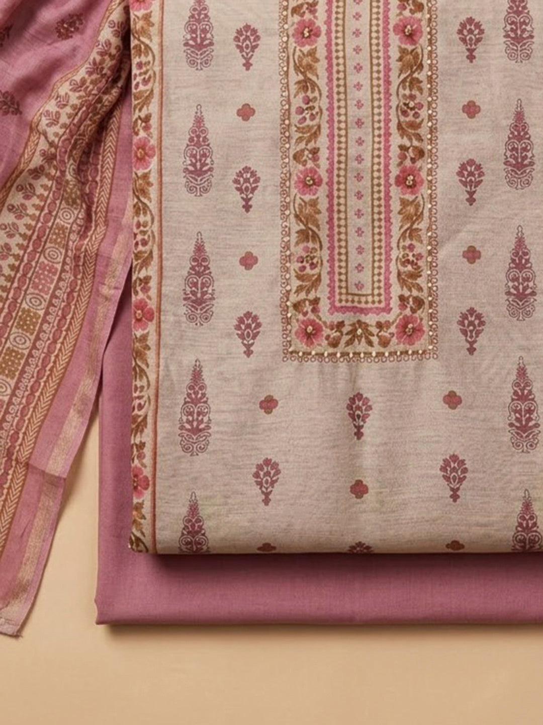 Onion Pink Chanderi Printed Unstitched Dress Material