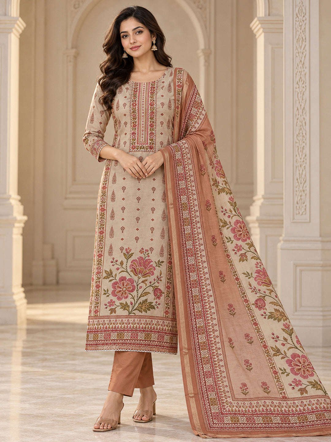 Rust Chanderi Printed Unstitched Dress Material