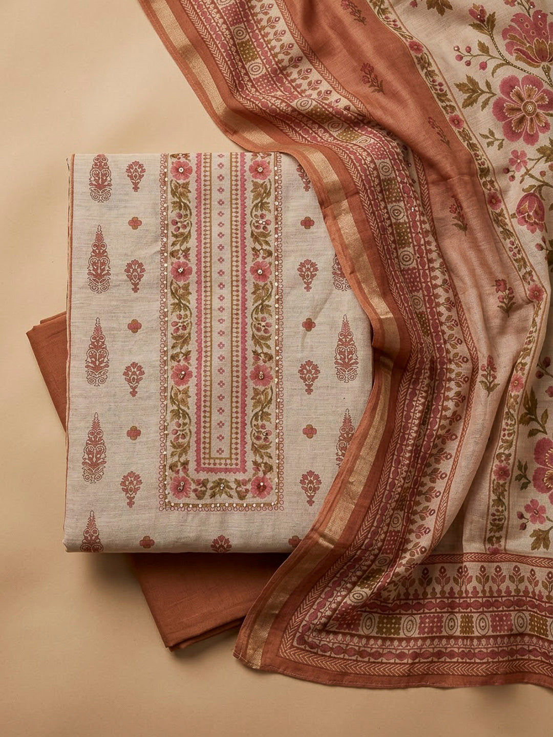 Rust Chanderi Printed Unstitched Dress Material