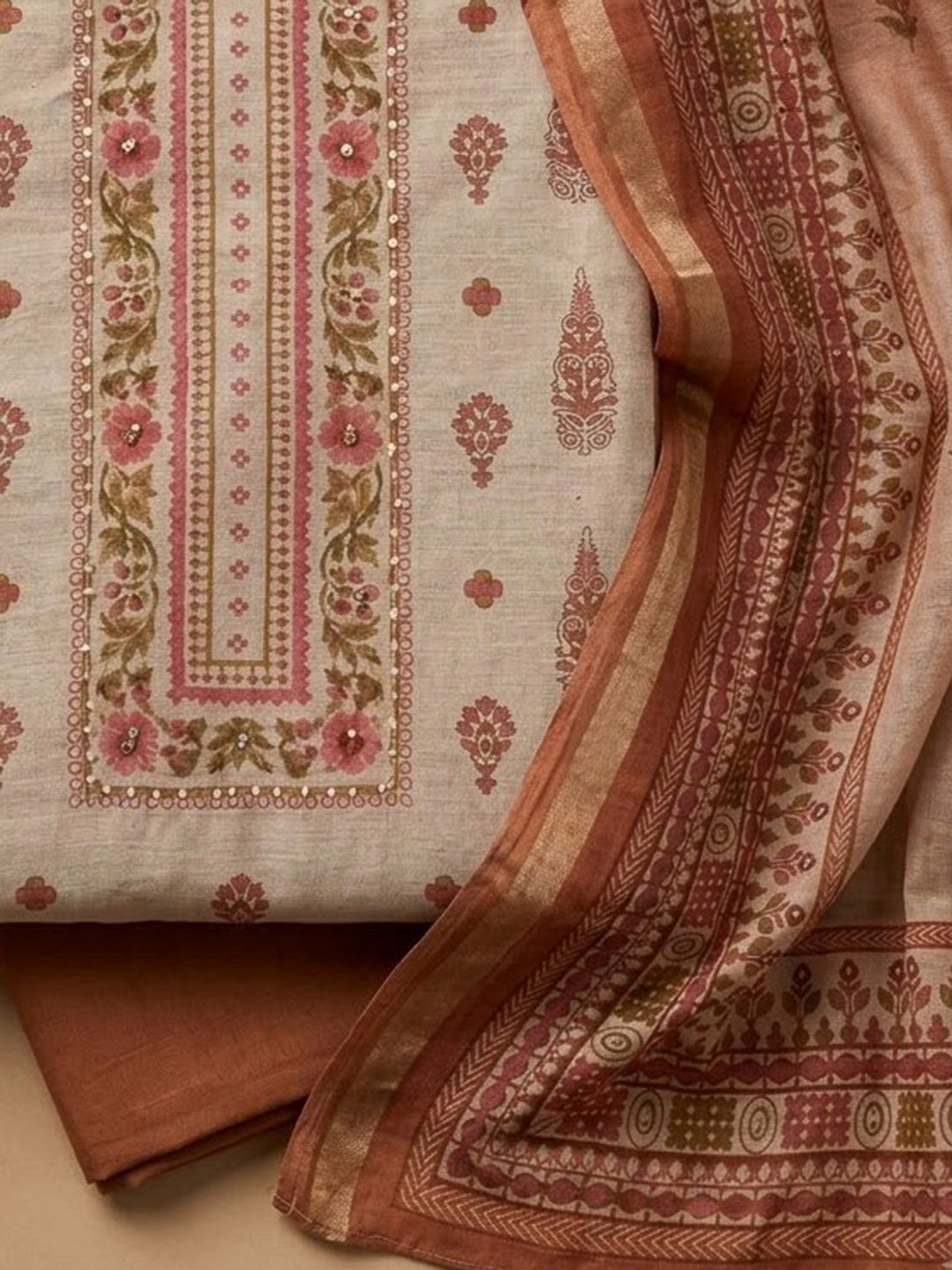 Rust Chanderi Printed Unstitched Dress Material