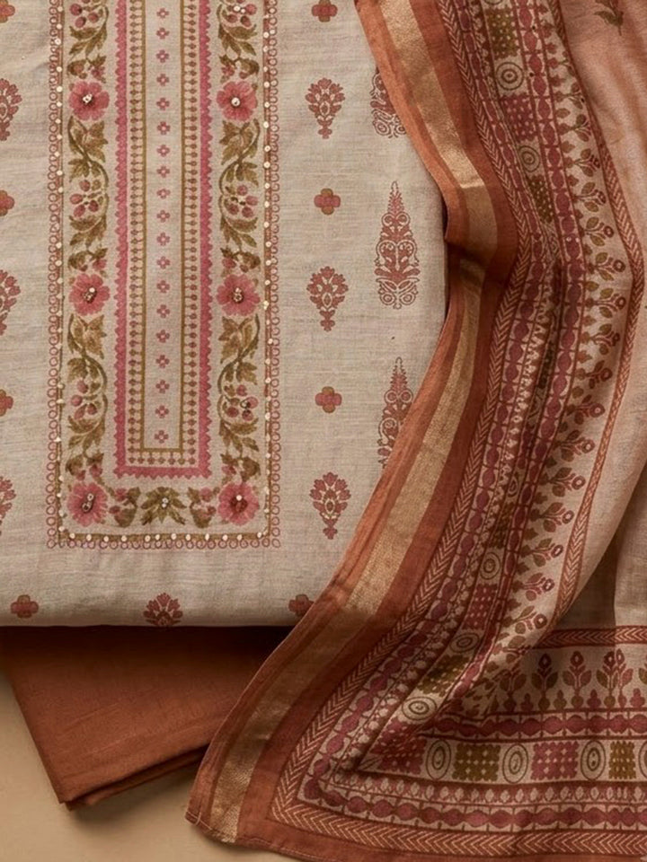 Rust Chanderi Printed Unstitched Dress Material