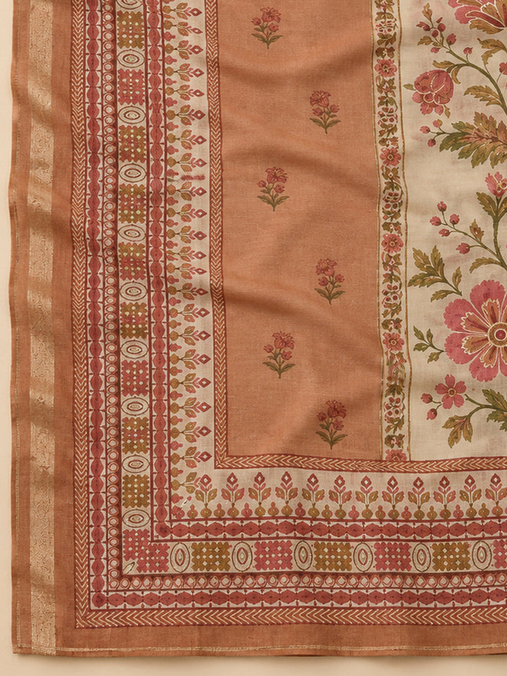 Rust Chanderi Printed Unstitched Dress Material