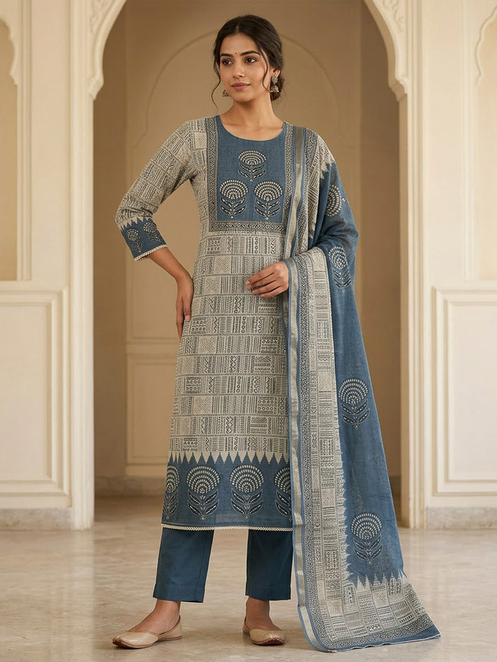 Blue Chanderi Printed Unstitched Dress Material