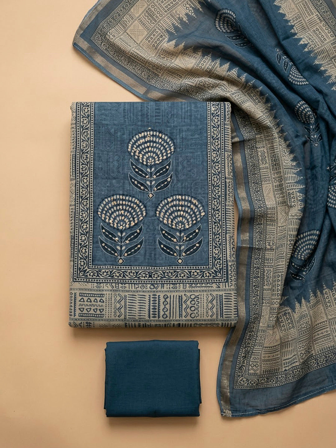 Blue Chanderi Printed Unstitched Dress Material