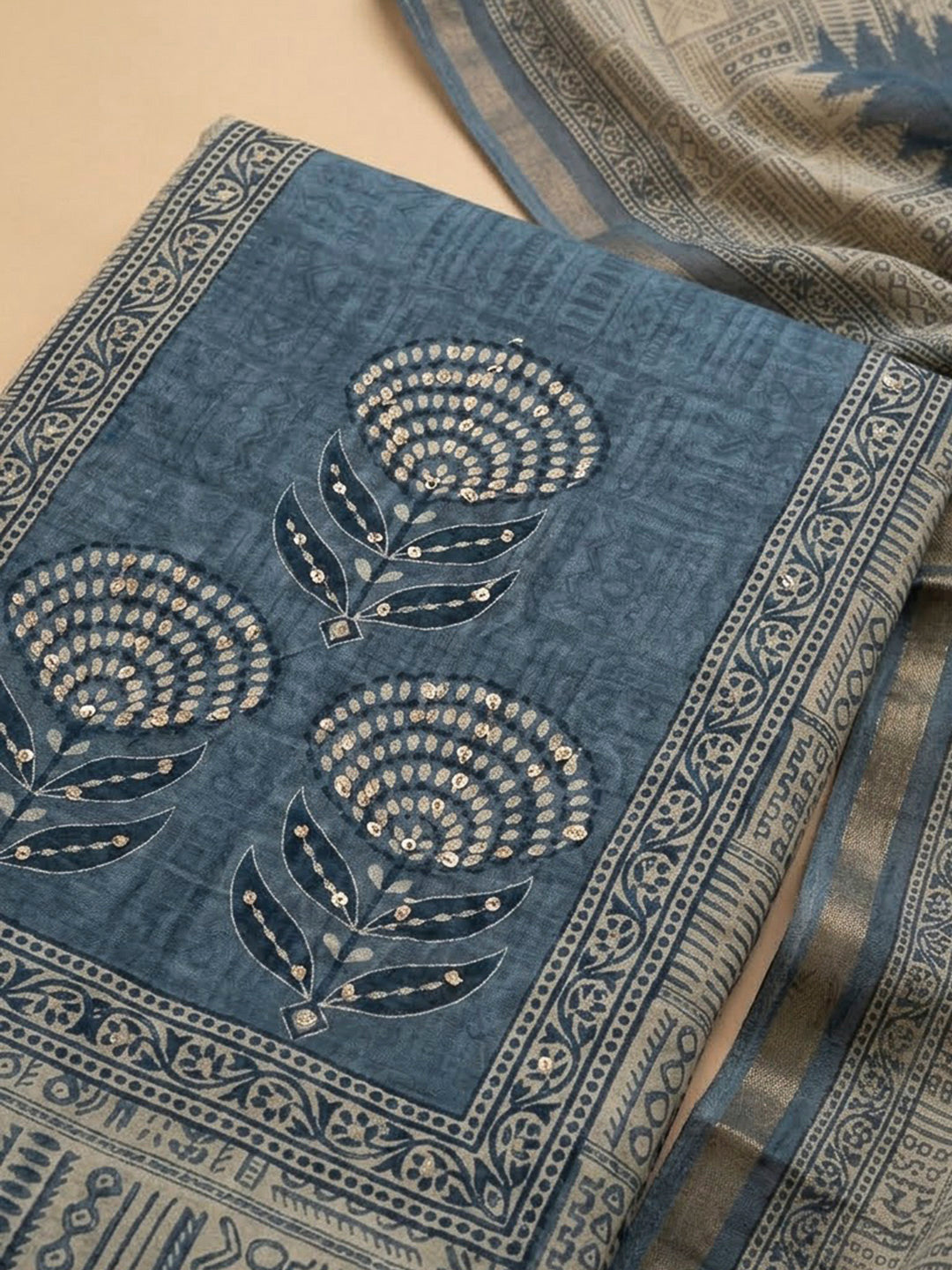 Blue Chanderi Printed Unstitched Dress Material
