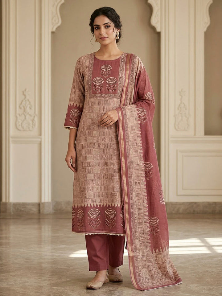 Dusty Pink Chanderi Printed Unstitched Dress Material