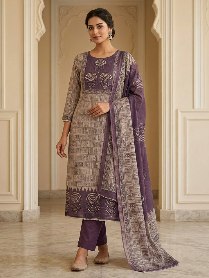 Purple Chanderi Printed Unstitched Dress Material