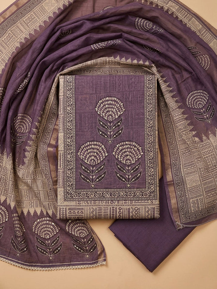 Purple Chanderi Printed Unstitched Dress Material