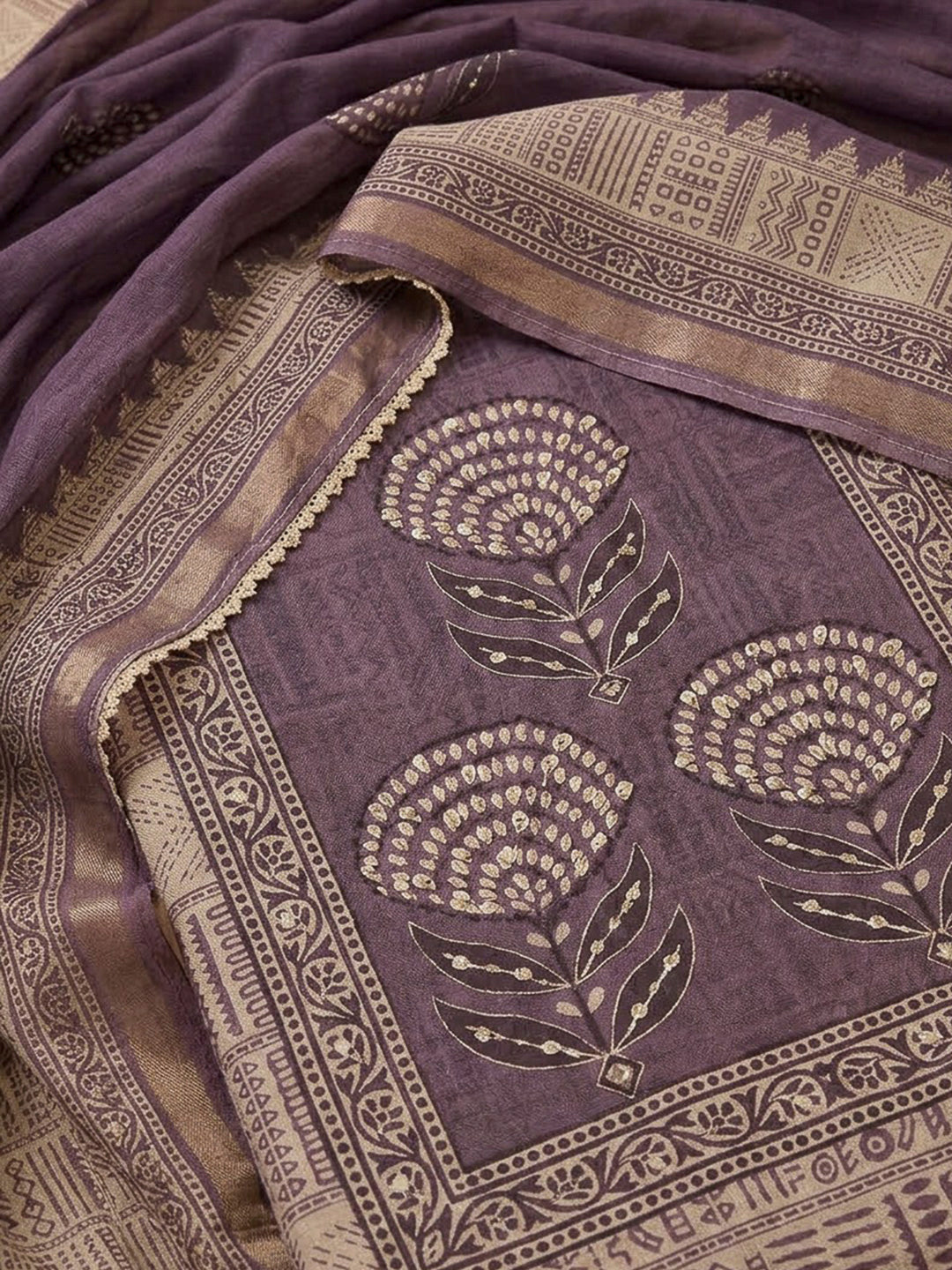 Purple Chanderi Printed Unstitched Dress Material