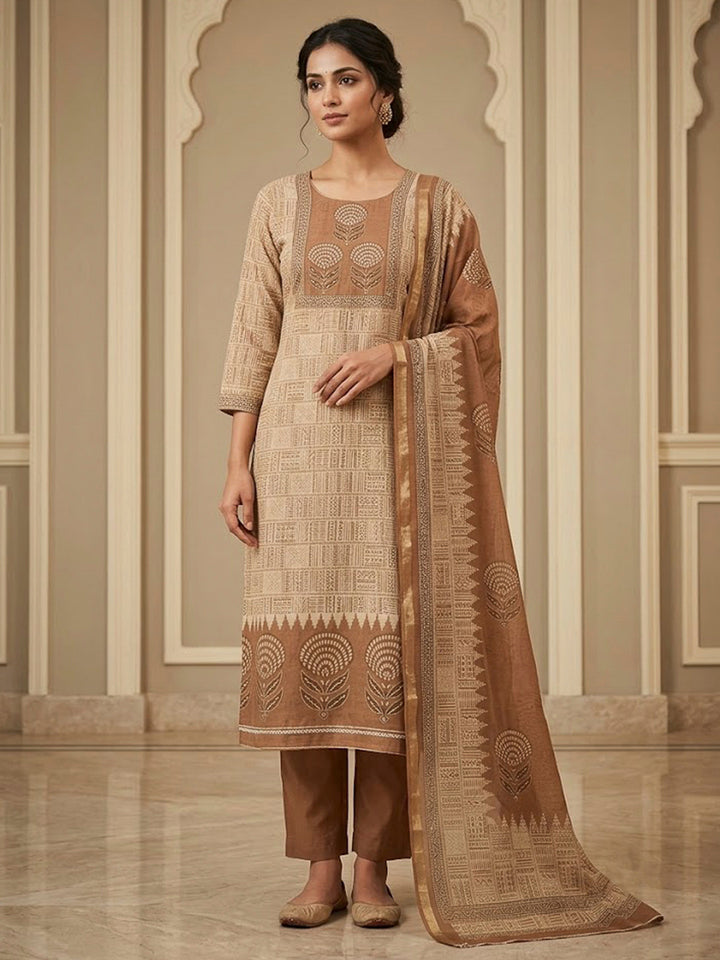 Rust Chanderi Printed Unstitched Dress Material