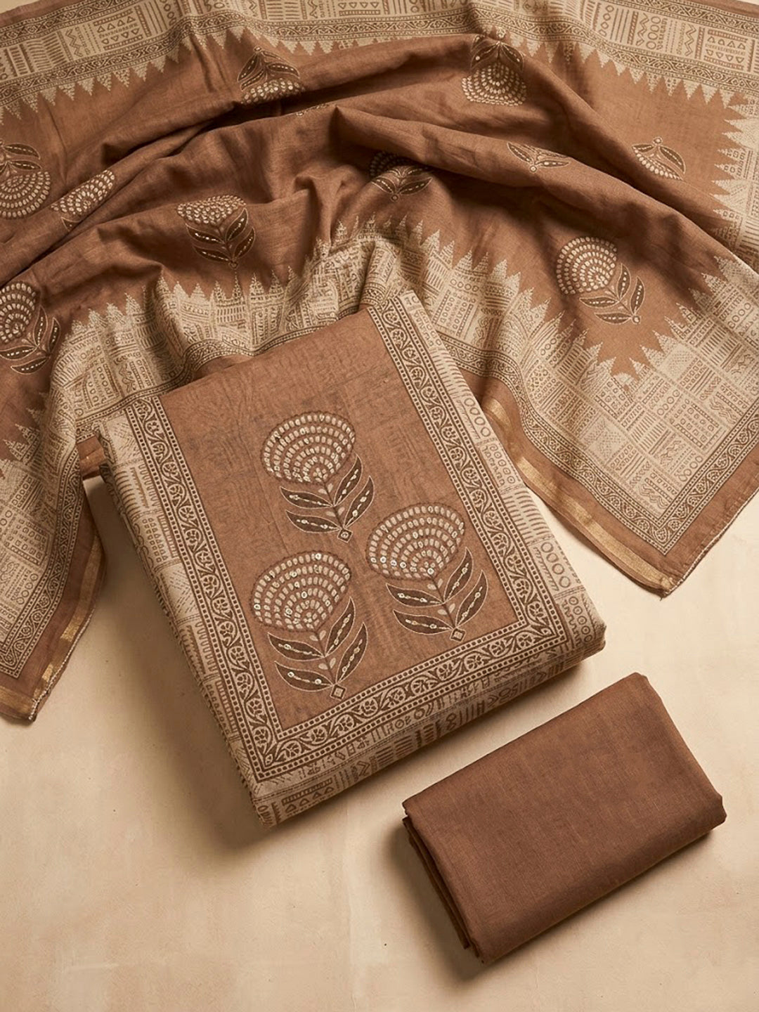 Rust Chanderi Printed Unstitched Dress Material