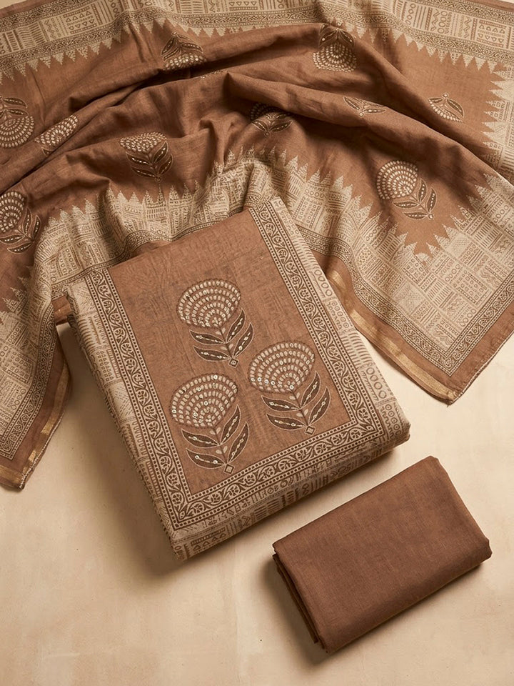 Rust Chanderi Printed Unstitched Dress Material