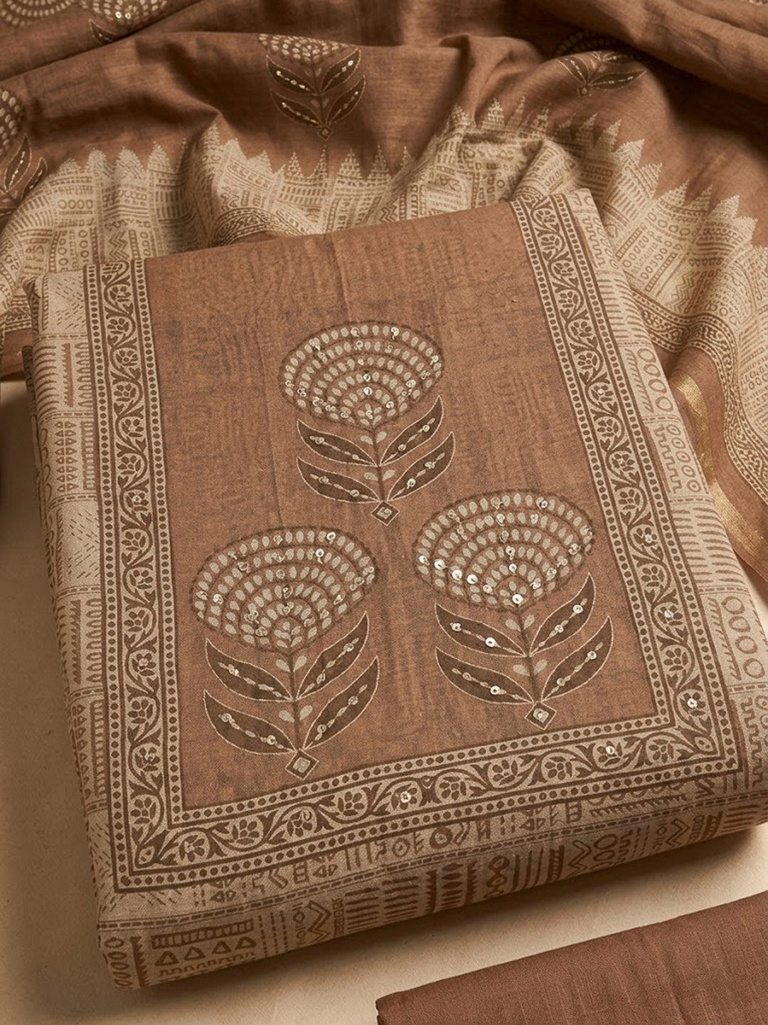 Rust Chanderi Printed Unstitched Dress Material