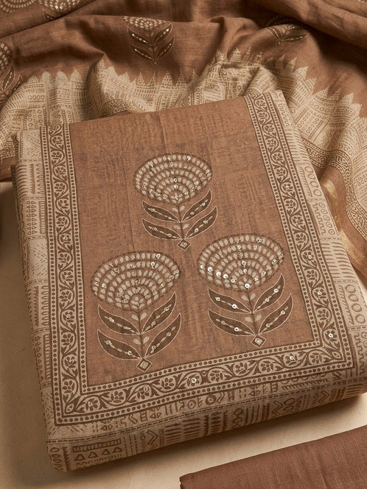 Rust Chanderi Printed Unstitched Dress Material