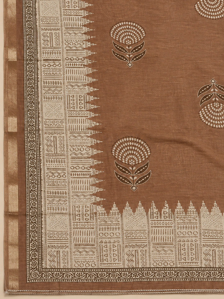 Rust Chanderi Printed Unstitched Dress Material
