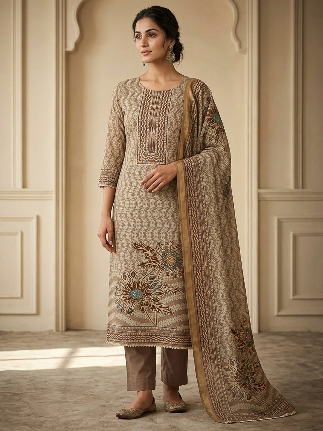 Beige Chanderi Embroidered Unstitched Dress Material