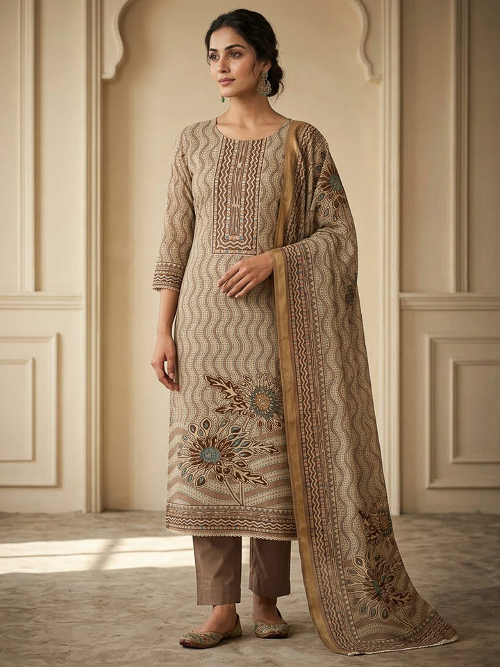 Beige Chanderi Embroidered Unstitched Dress Material