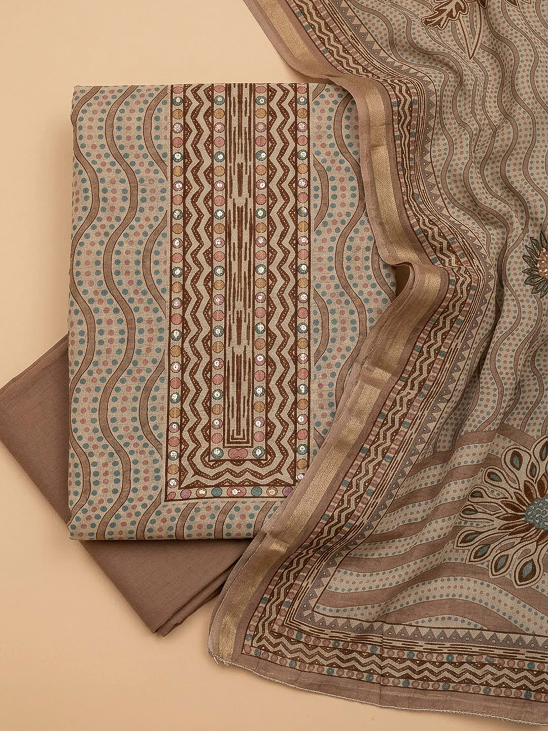 Beige Chanderi Embroidered Unstitched Dress Material