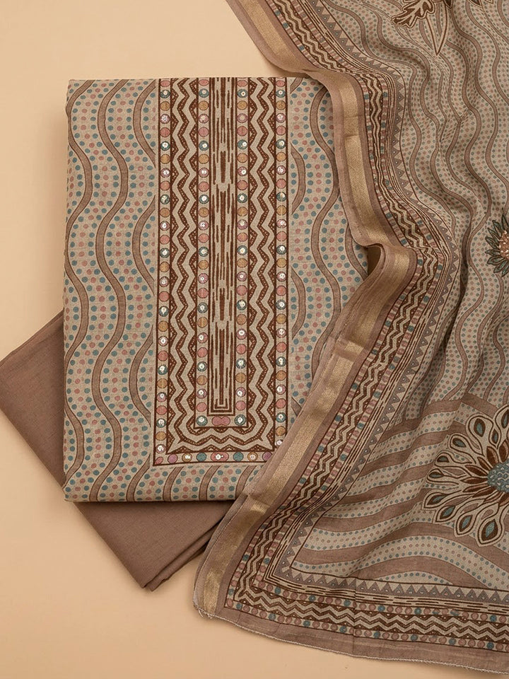 Beige Chanderi Embroidered Unstitched Dress Material