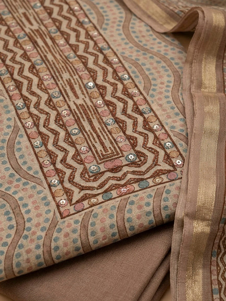 Beige Chanderi Embroidered Unstitched Dress Material