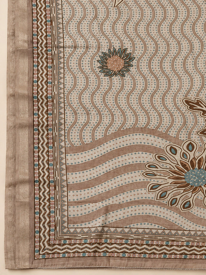 Beige Chanderi Embroidered Unstitched Dress Material