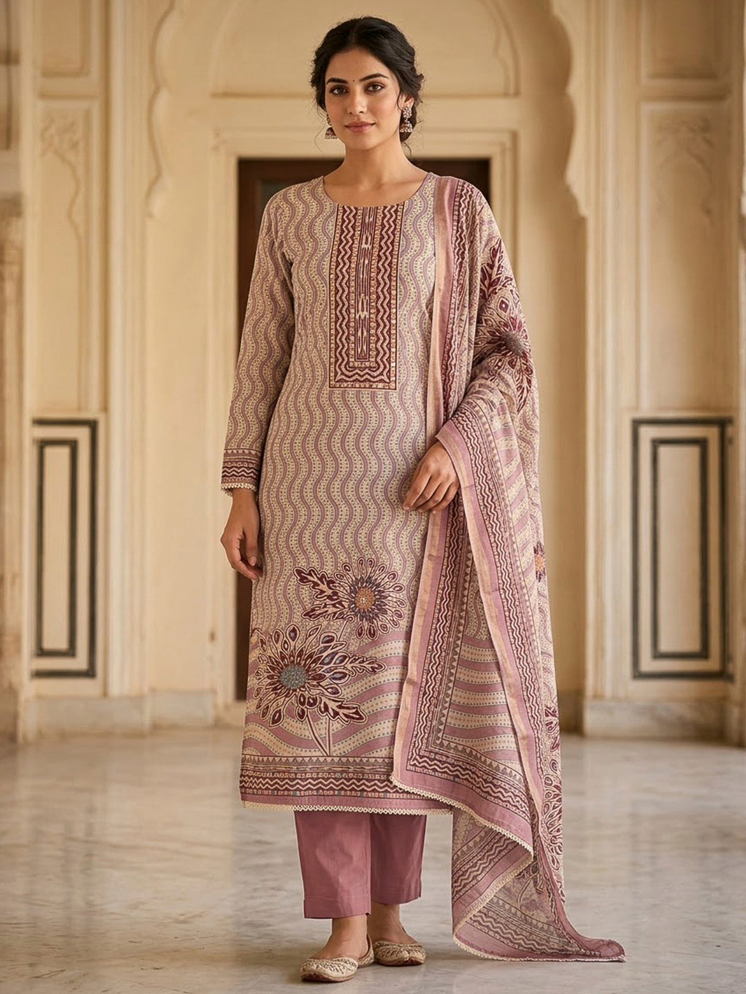 Onion Pink Chanderi Embroidered Unstitched Dress Material