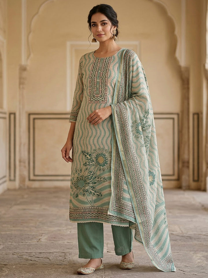 Rama Green Chanderi Embroidered Unstitched Dress Material