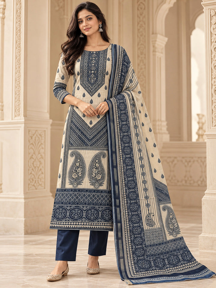 Blue Chanderi Embroidered Unstitched Dress Material