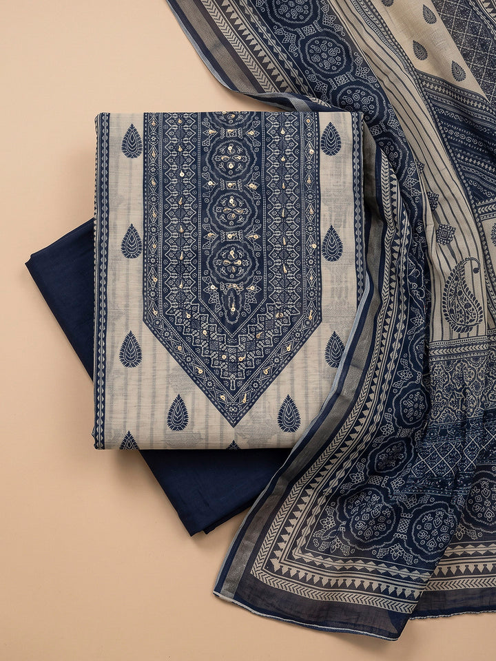 Blue Chanderi Embroidered Unstitched Dress Material