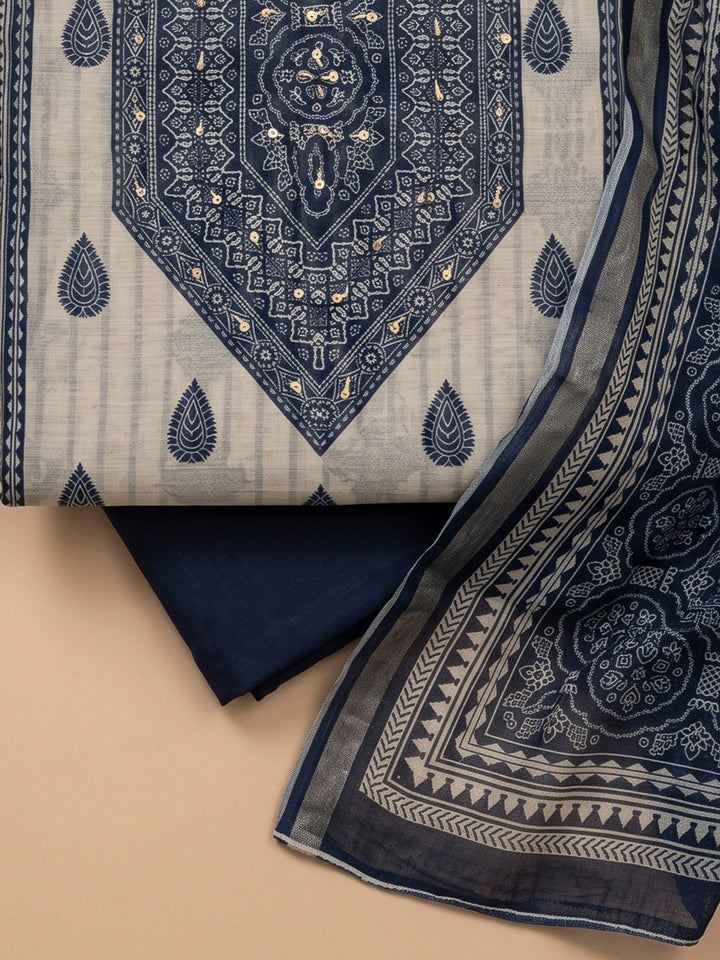 Blue Chanderi Embroidered Unstitched Dress Material