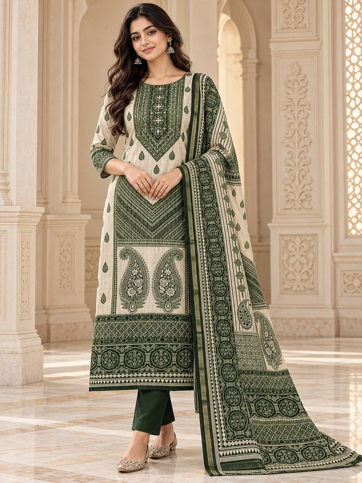 Bottle Green Chanderi Embroidered Unstitched Dress Material