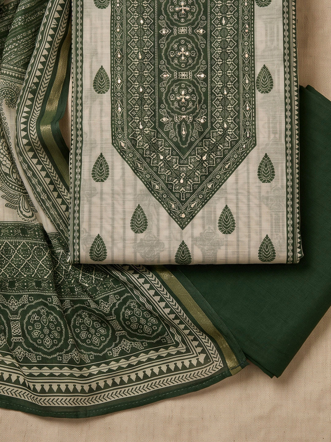 Bottle Green Chanderi Embroidered Unstitched Dress Material