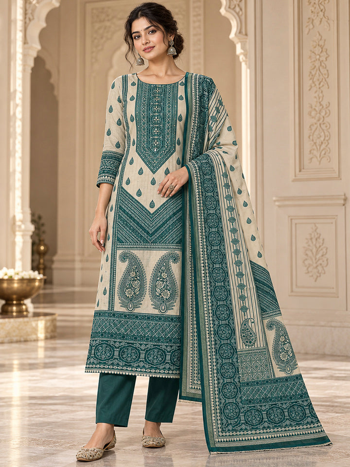 Green Chanderi Embroidered Unstitched Dress Material