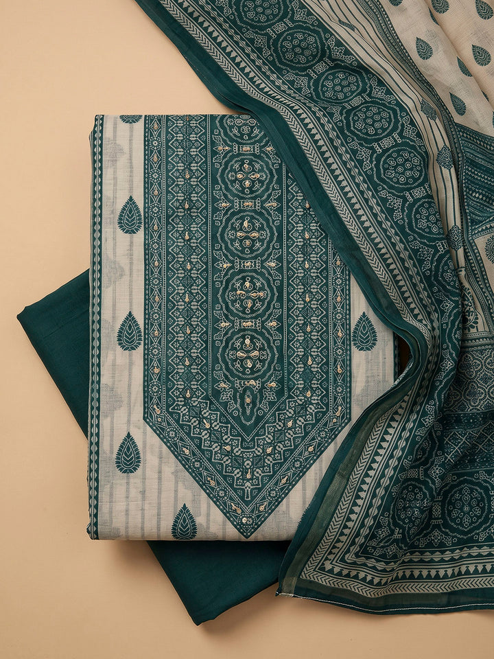 Green Chanderi Embroidered Unstitched Dress Material