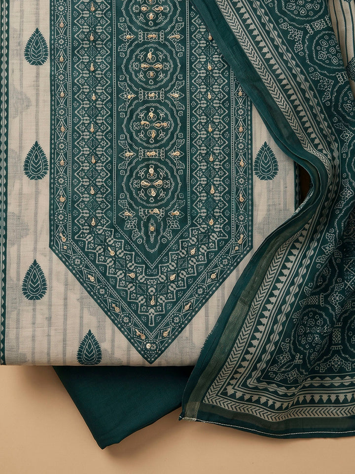 Green Chanderi Embroidered Unstitched Dress Material