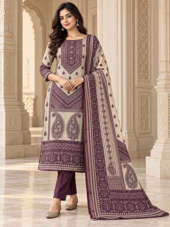 Purple Chanderi Embroidered Unstitched Dress Material