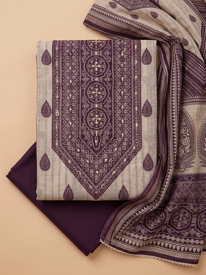 Purple Chanderi Embroidered Unstitched Dress Material
