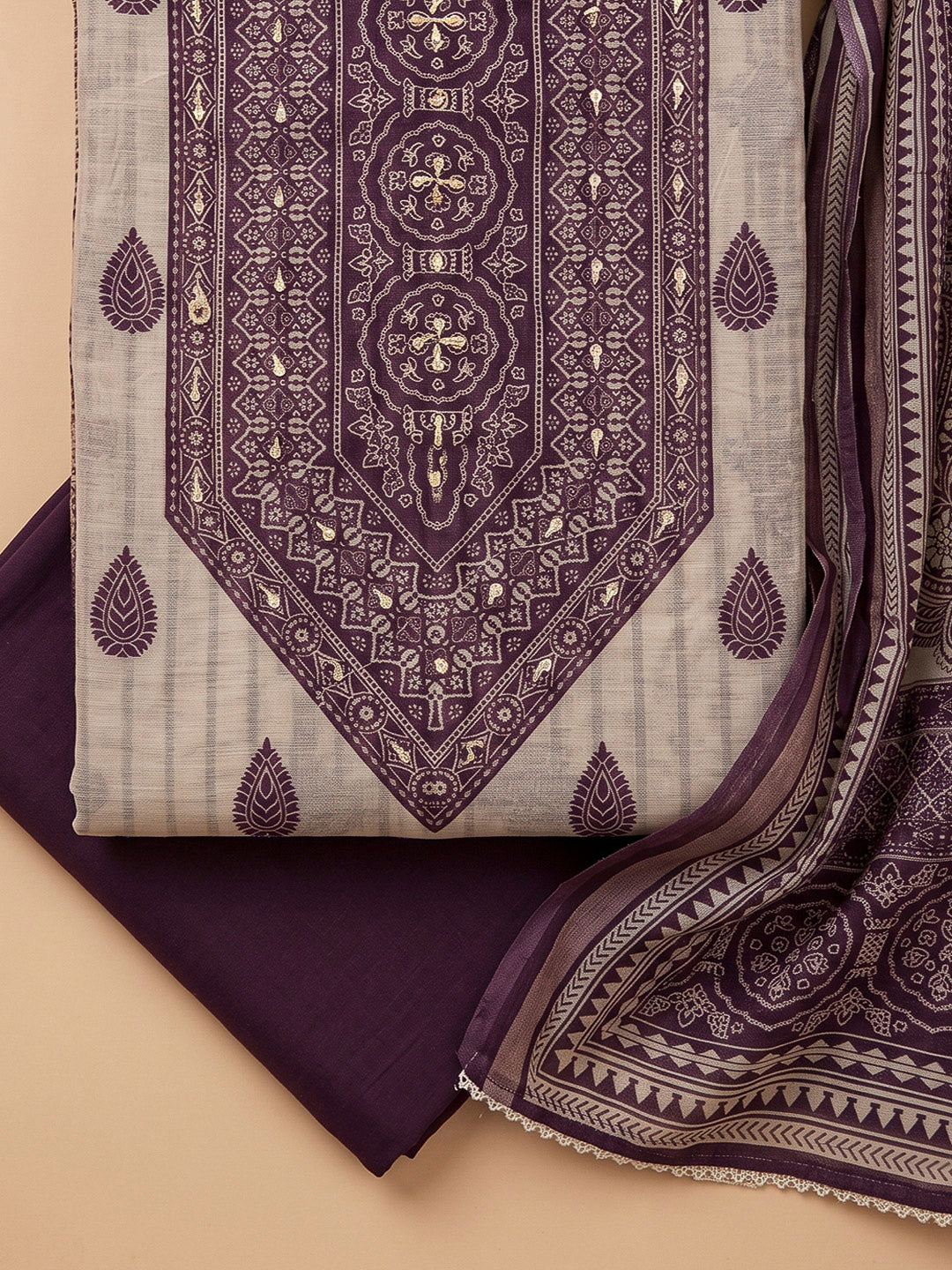 Purple Chanderi Embroidered Unstitched Dress Material